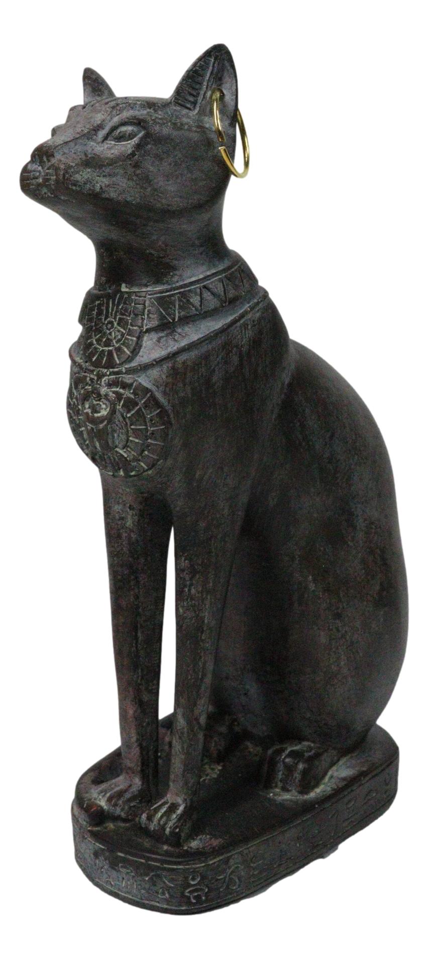 Ancient Egyptian Ubasti Bastet Cat Sitting in Royal Pose Faux Clay Figurine 7"H