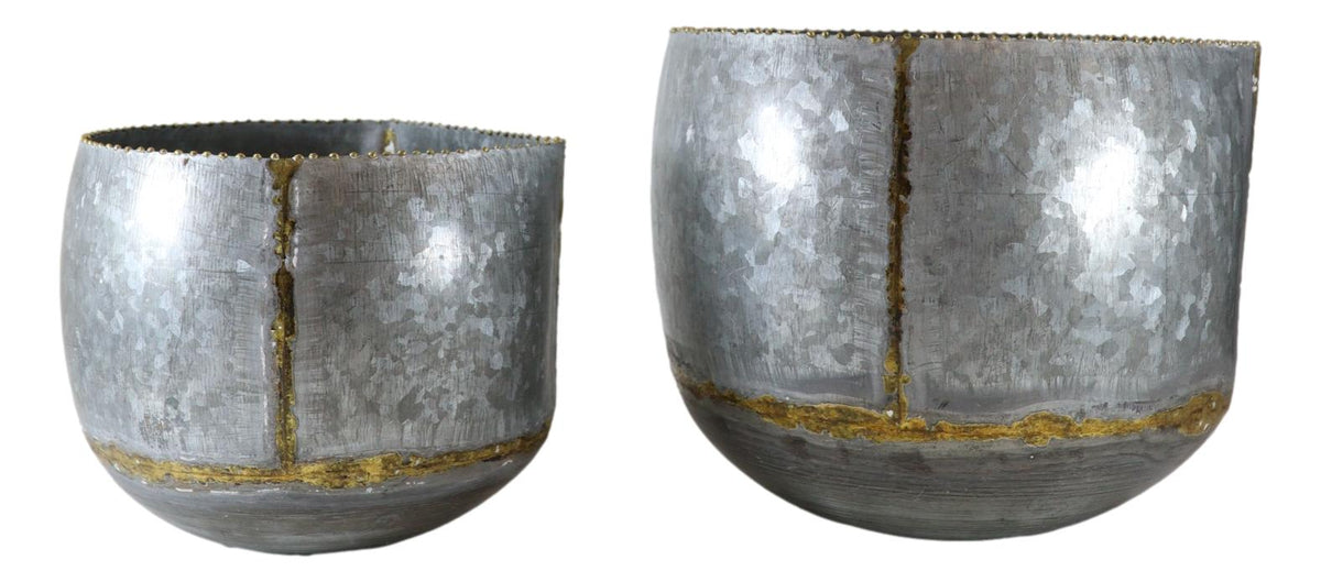 Farmhouse Rustic Galvanized Metal Silver with Gold Accent Wall Planters Set of 2