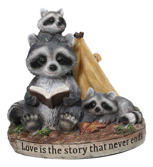 Bedtime Story Raccoon Mother & Cubs Figurine Raccoon Family Reading by Tent