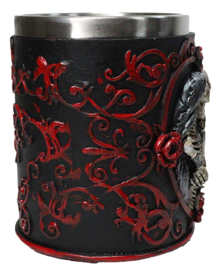 Red Rose Heart Motif Gothic Skeleton Couple Kissing Resin Coffee Cup Mug