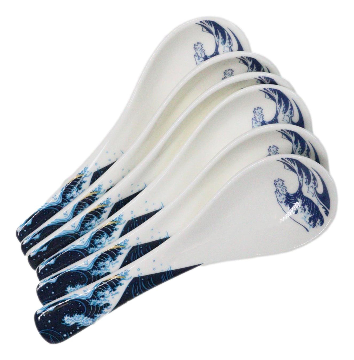 Set of 6 Great Wave Hokusai Porcelain Asian Soup Spoons Japanese Ramen Pho