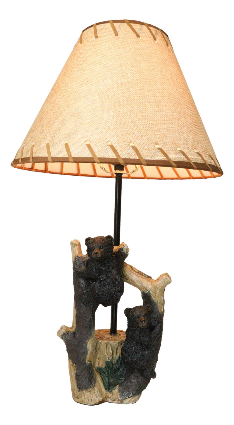 Rustic Western Whimsical Forest Playful Black Bear Cubs Climbing Tree Table Lamp