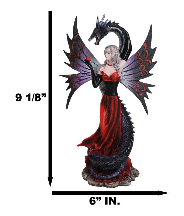 Fantasy Red Gowned Gothic Rose Fairy With Black Grendel Volcano Dragon Figurine