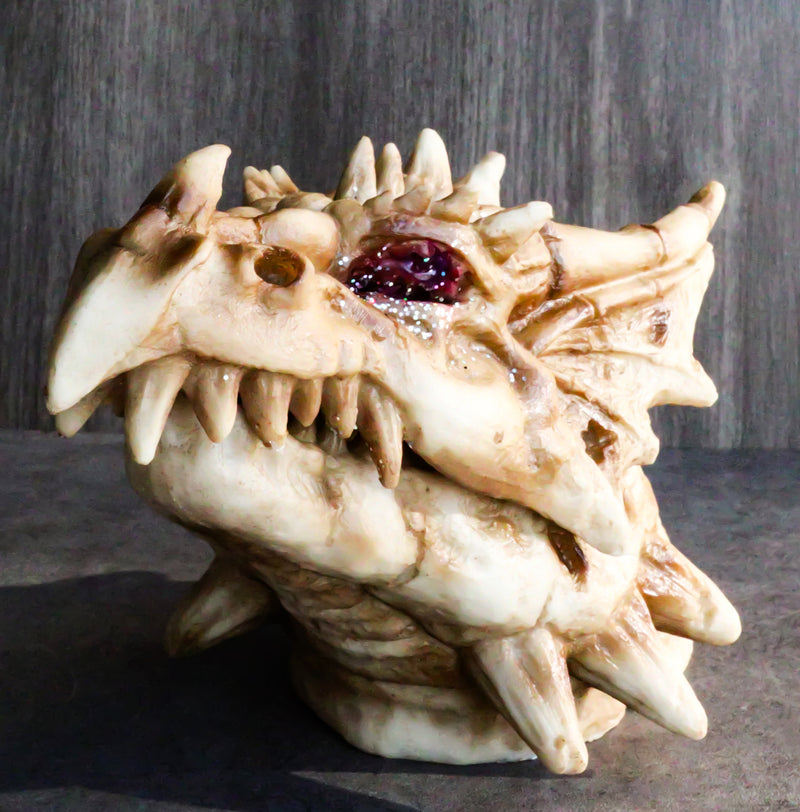 Fossil Dragon Skull Skeleton With Faux Geode Crystal Eyes Incense Burner Box