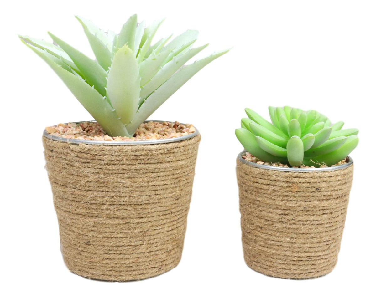 Set Of 3 Realistic Artificial Botanica Plant Succulents In Jute Wrapped Tin Pots