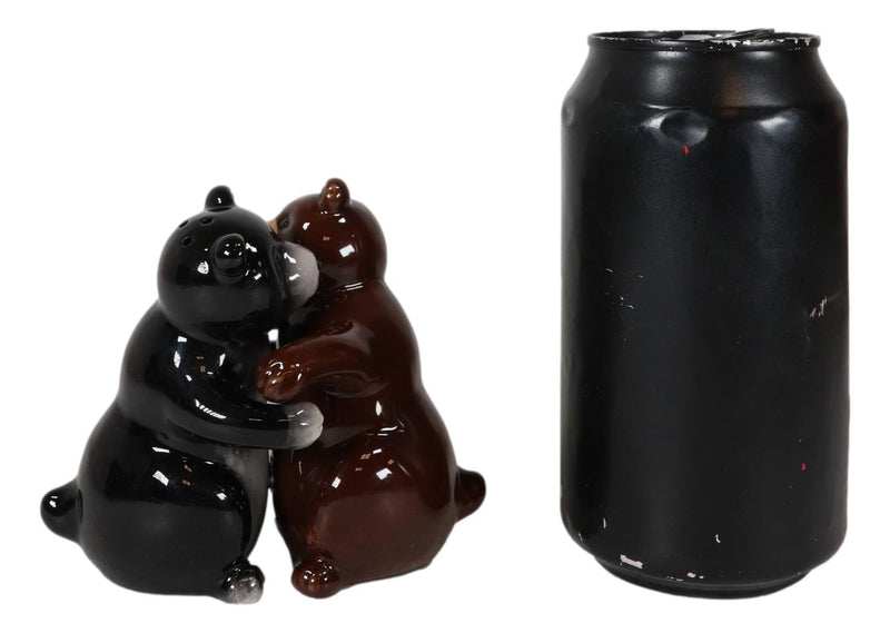 Ceramic Black And Grizzly Brown Bears Hugging Dancing Salt And Pepper Shakers