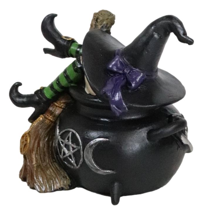 Sleeping Witch with Hat and Broomstick in Triple Moon Fire Cauldron Figurine