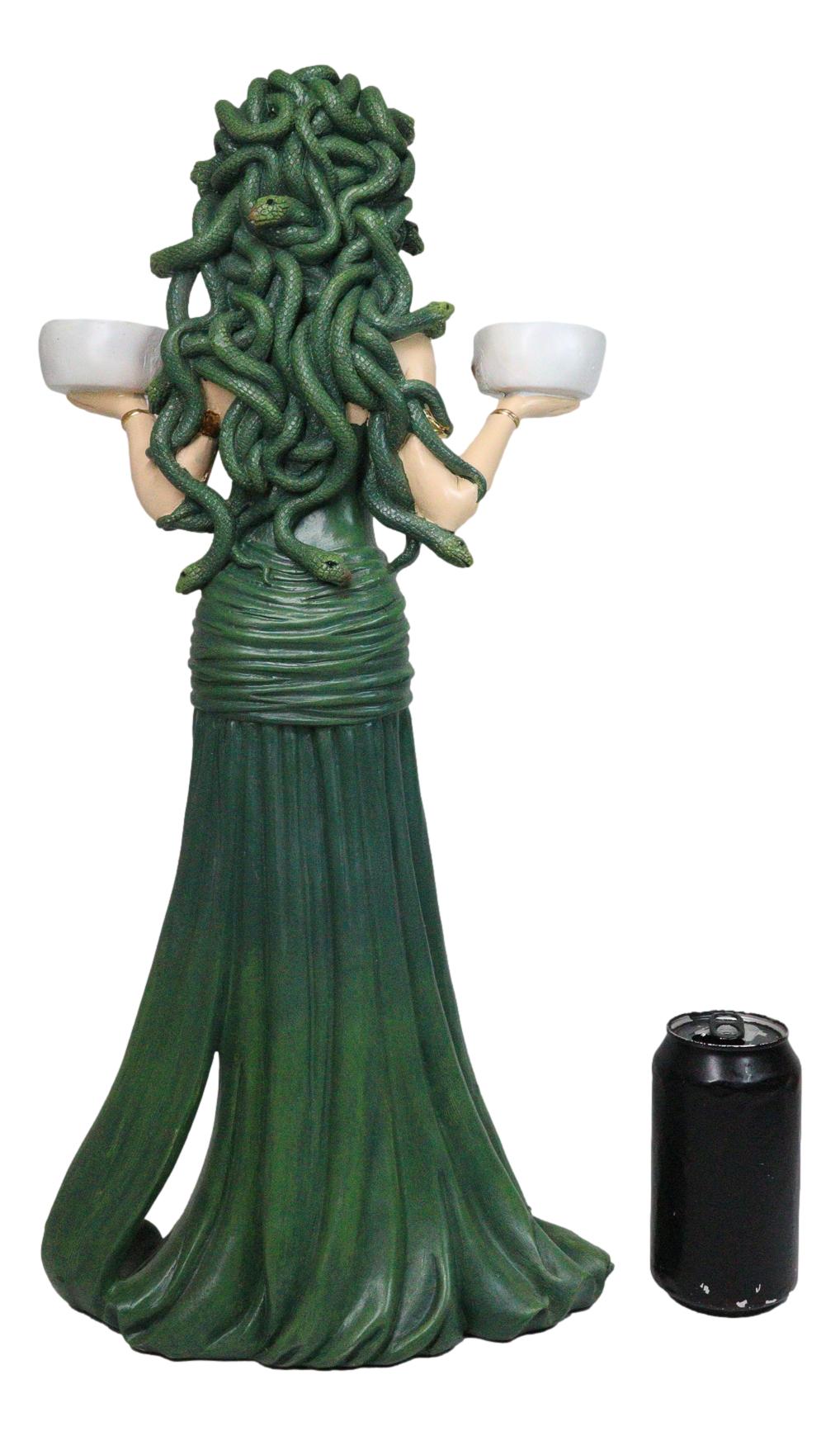 Large Greek Gorgon Goddess Medusa In Green Gown Dual Votive Candleholders Statue