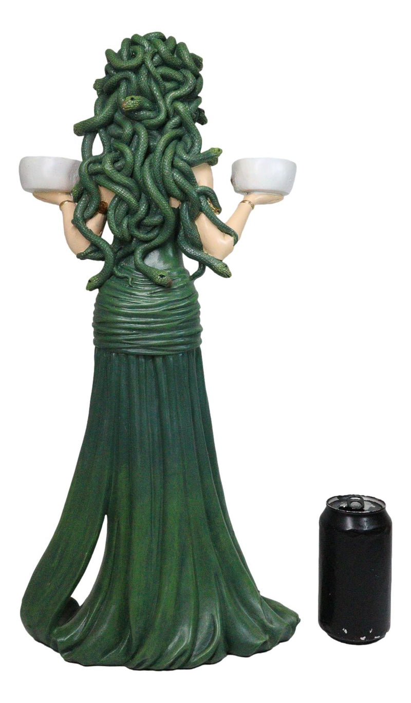 Large Greek Gorgon Goddess Medusa In Green Gown Dual Votive Candleholders Statue