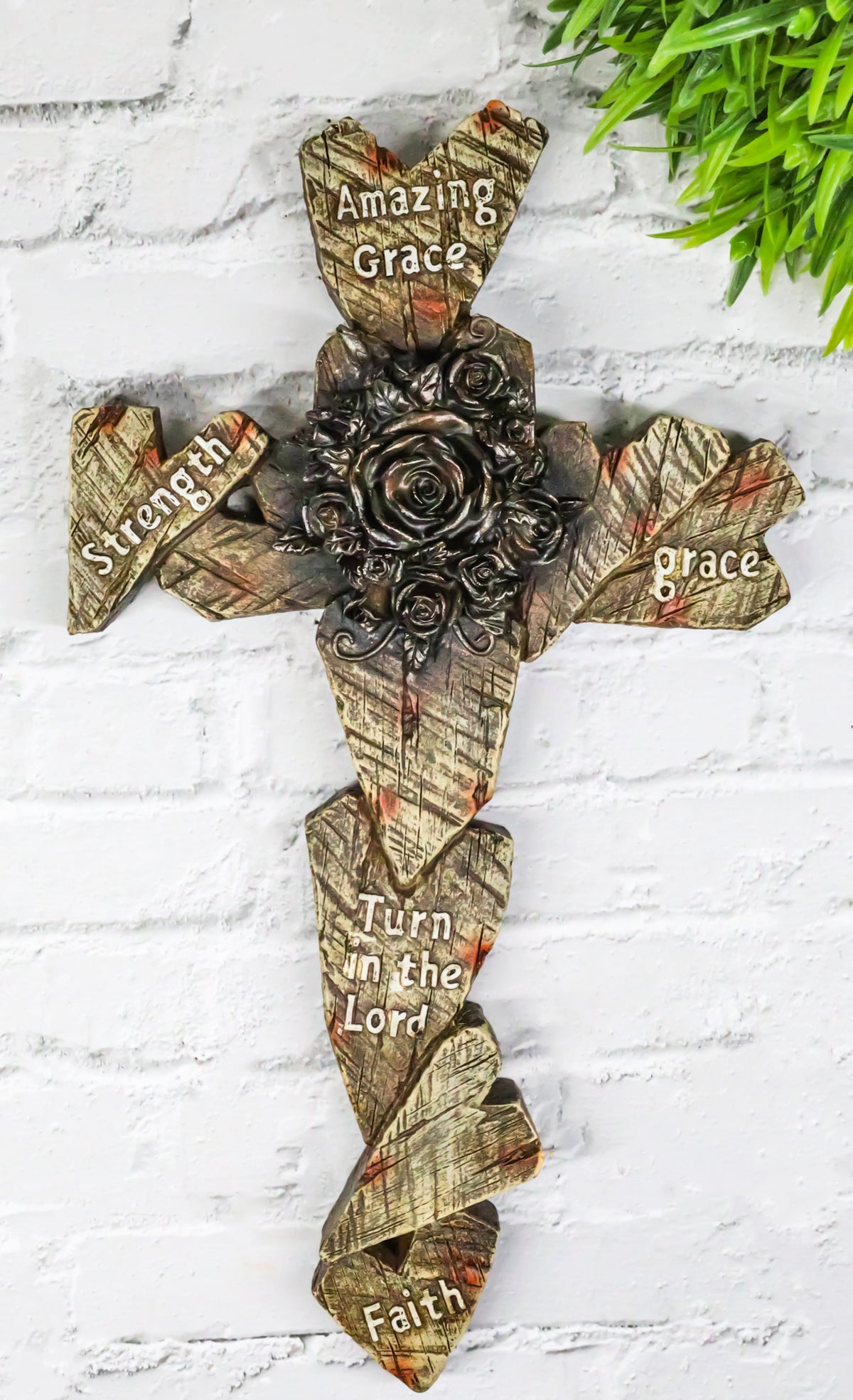 Rustic Amazing Grace Strength Faith Blooming Roses Faux Wood Hearts Wall Cross - Ebros Gift