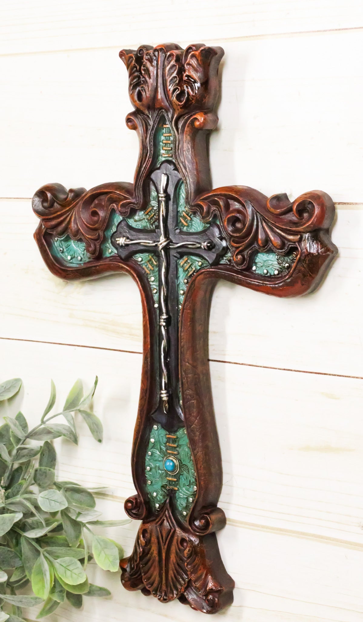 Rustic Faux Wood Carving Floral Scroll With Layered Barbed Wires Wall Cross