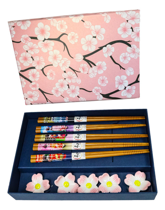 5 Pairs Of Pink Cherry Blossoms Sakura Ceramic Rests With Wooden Chopsticks Set
