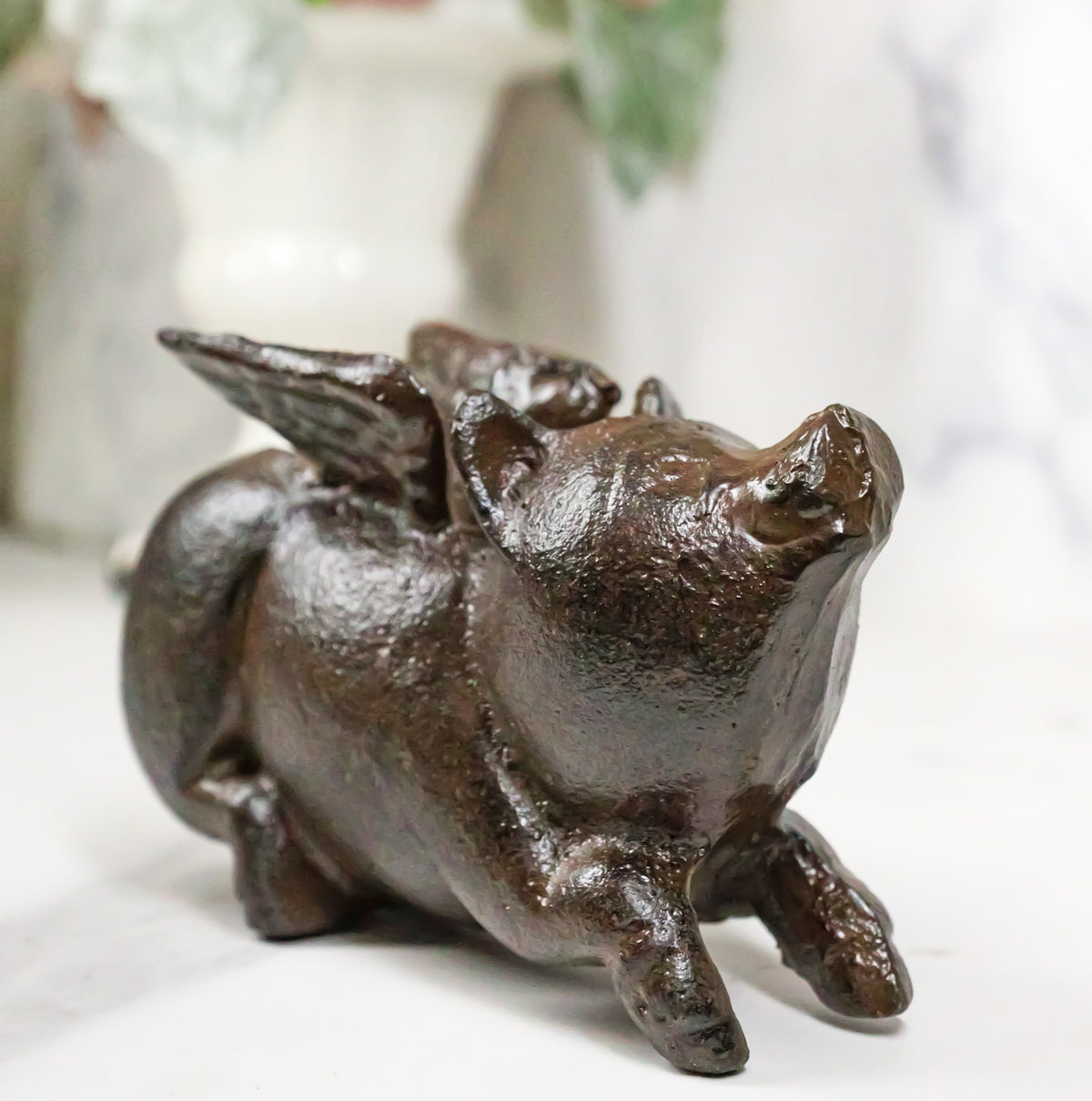 Cast Iron Whimsical Flying Winged Angel Pig Decorative Sculpture Paperweight 5"L