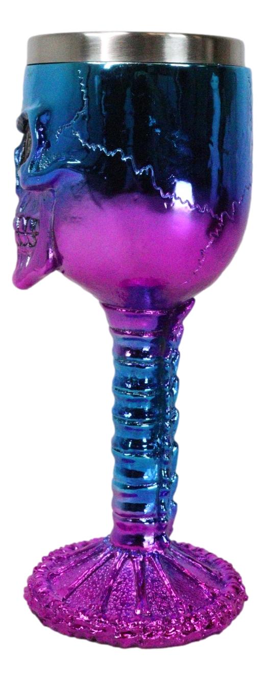 Metallic Blue And Pink Plated Skull With Skeleton Spine And Bones Wine Goblet - Ebros Gift