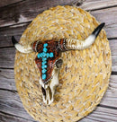 Southwest Steer Cow Skull With Turquoise Cross Tooled Leather Motif Wall Decor