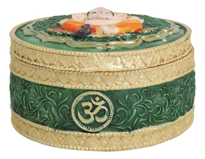 Ganapati Lord Ganesha Mandala Flower And Ohm Sign Decorative Round Trinket Box - Ebros Gift