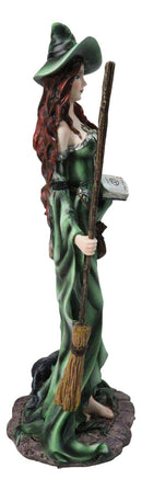 Wicca Magic Green Witch Figurine with Broomstick, Spell Book & Black Cat, 10"H