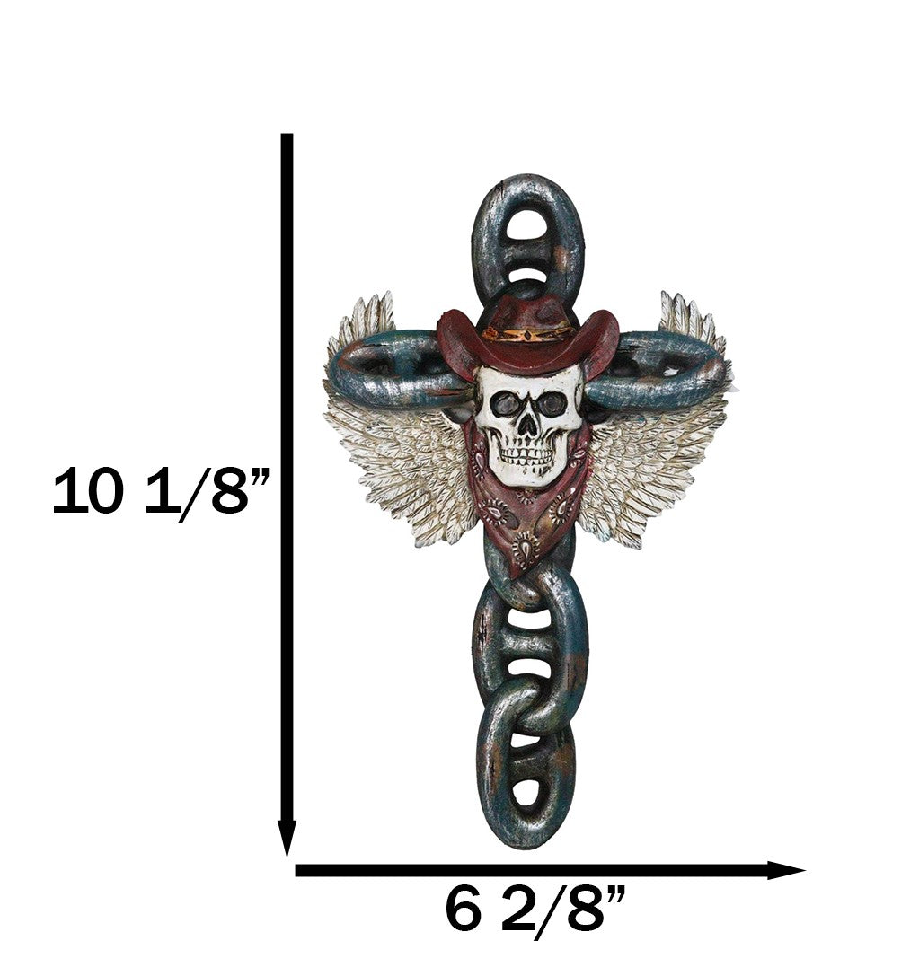 Gothic Angel Winged Cowboy Skull With Red Scarf Prison Shackle Chains Wall Cross