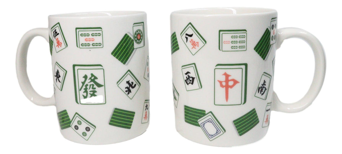 Set Of 2 Green White Chinese Mahjong Character Tiles Ceramic Mug Cups 11oz