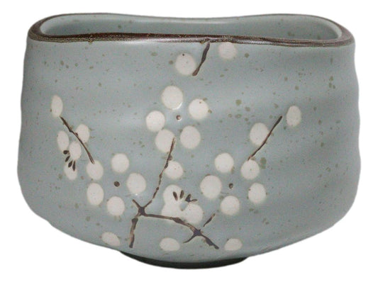 Plum Blue Sakura Blooms Ceramic Japanese Matcha Green Tea Bowl Whisk & Scoop Set