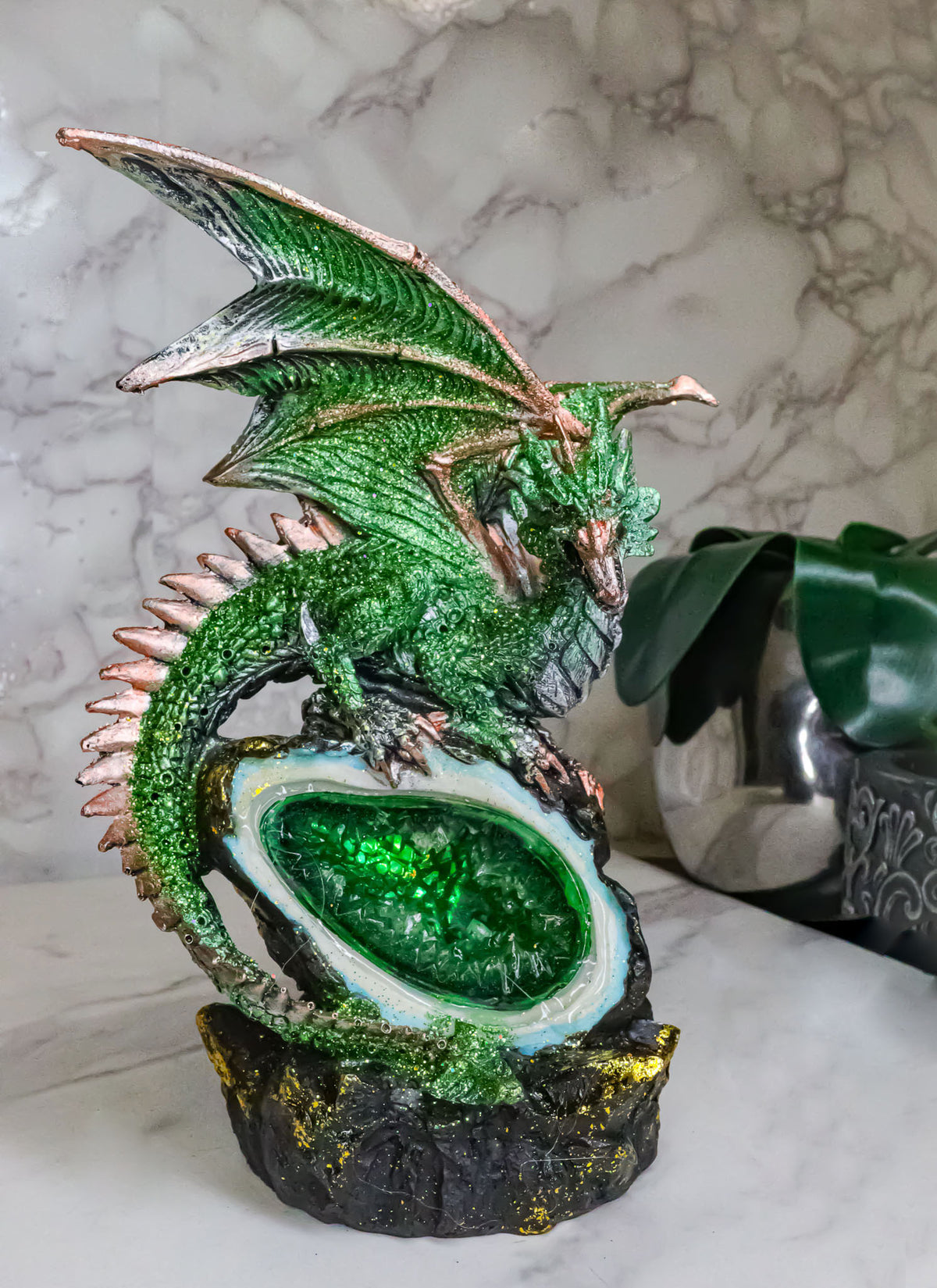 Metallic Green And Gold Dragon Guarding Faux LED Crystal Faux Geode Figurine