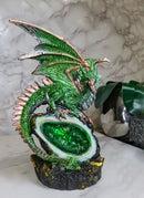 Metallic Green And Gold Dragon Guarding Faux LED Crystal Faux Geode Figurine