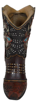 Western Cow Skull Turquoise Cross and Barbed Wires Cowboy Boot Vase Figurine