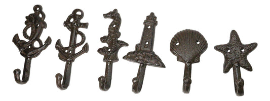 Pack of 6 Cast Iron Marine Sea Horse Anchor Lighthouse Starfish Shell Wall Hooks