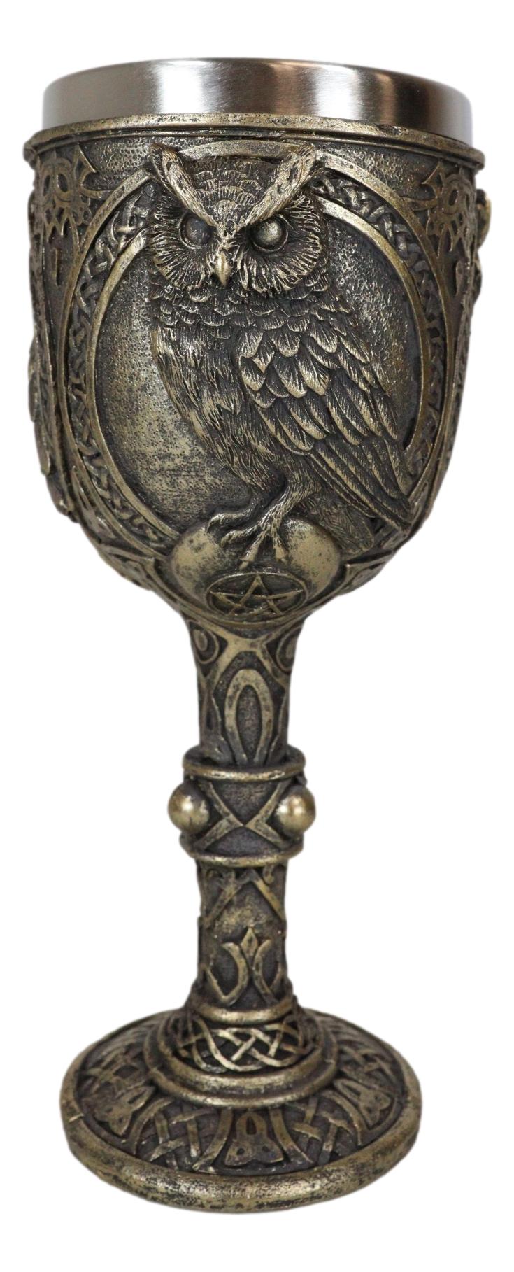 Wicca Wisdom Of The Woods Great Horned Owl Perching On Pentagram Wine Goblet