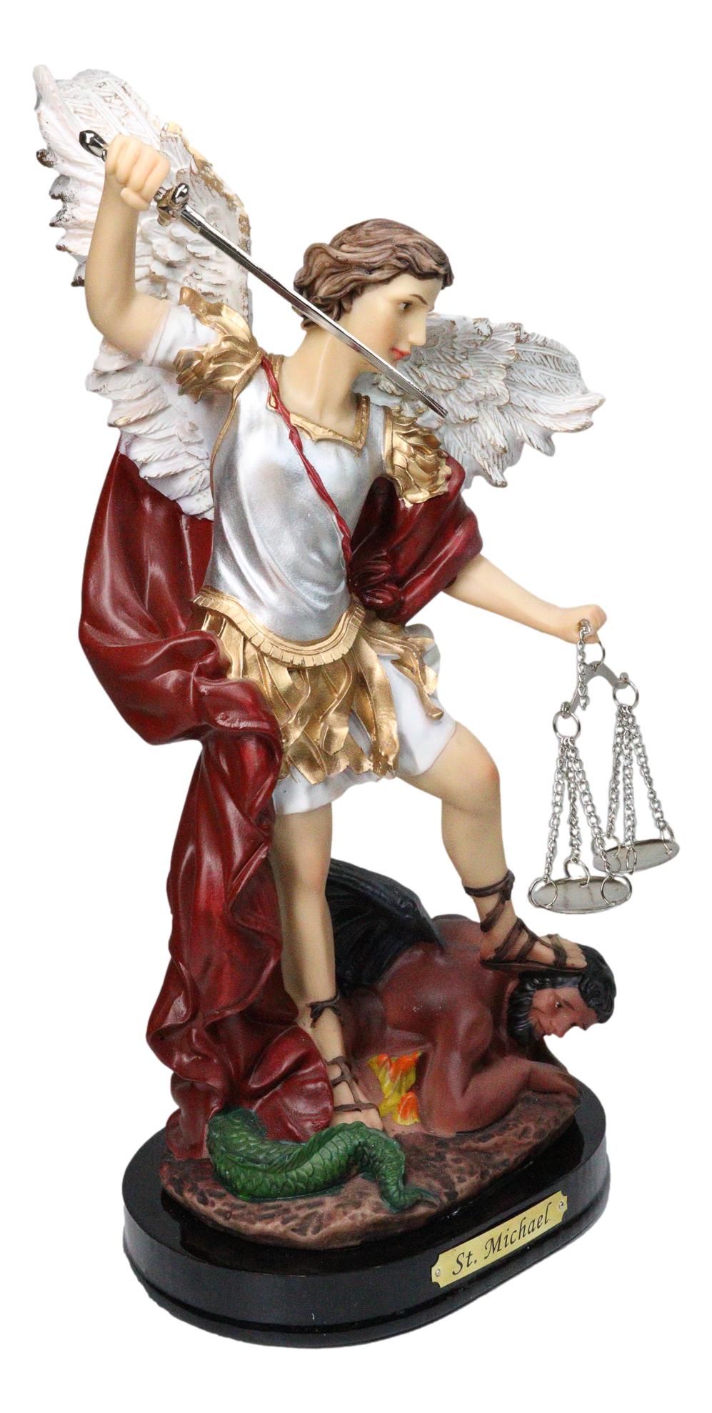 Archangel Saint Michael Trampling Satan With Sword and Scales of Justice Statue