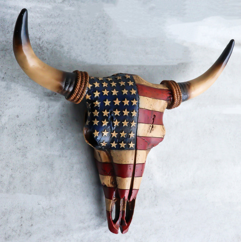 Rustic Western Patriotic USA American Flag Steer Bison Bull Cow Skull Wall Decor