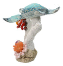Blue Sea Turtle Swimming with 2 Clownfishes By LED Coral Reef Anemone Figurine