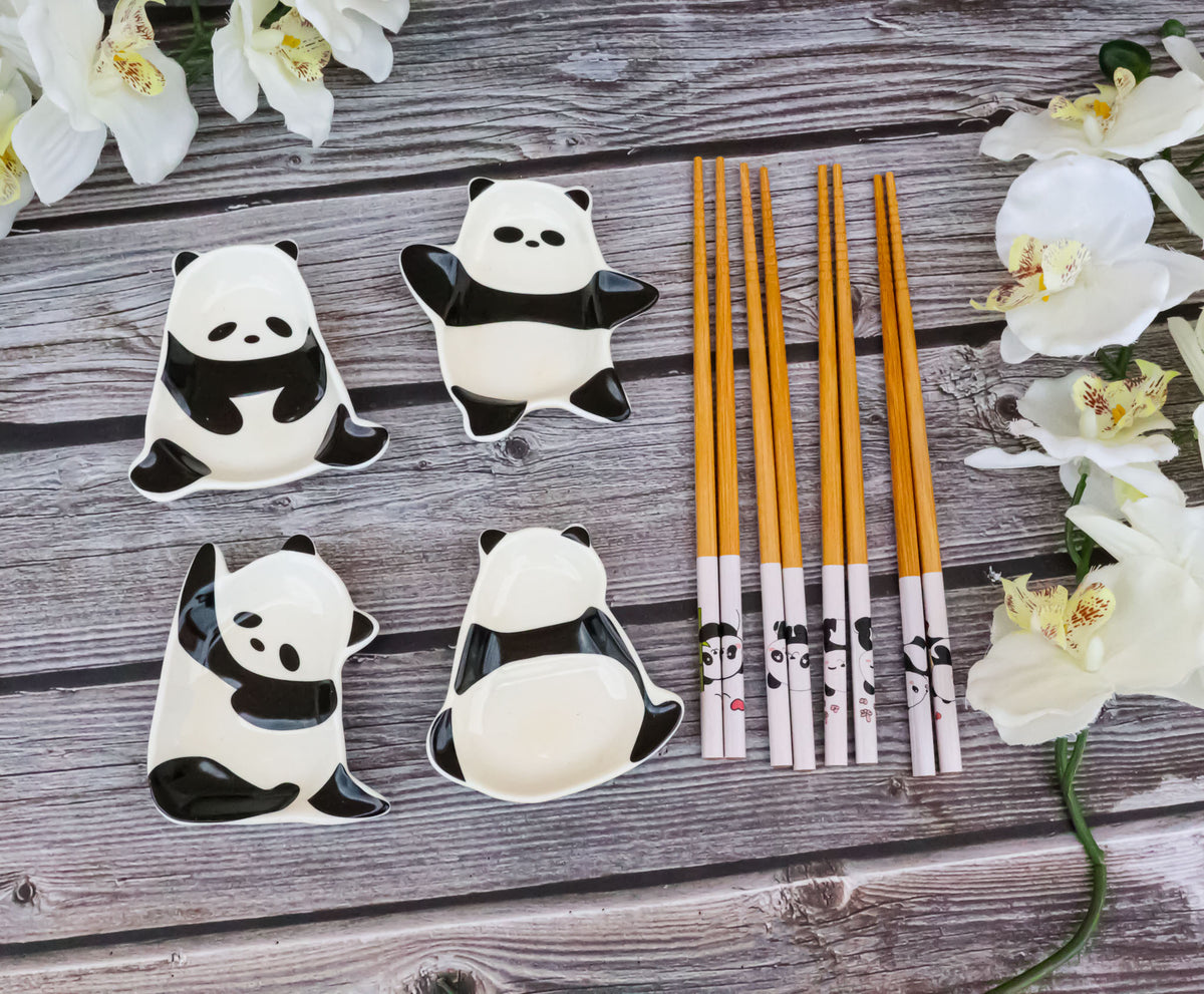 Happy Panda Bears Ceramic Sauce Dishes Chopsticks And Rests Sushi Set For 2