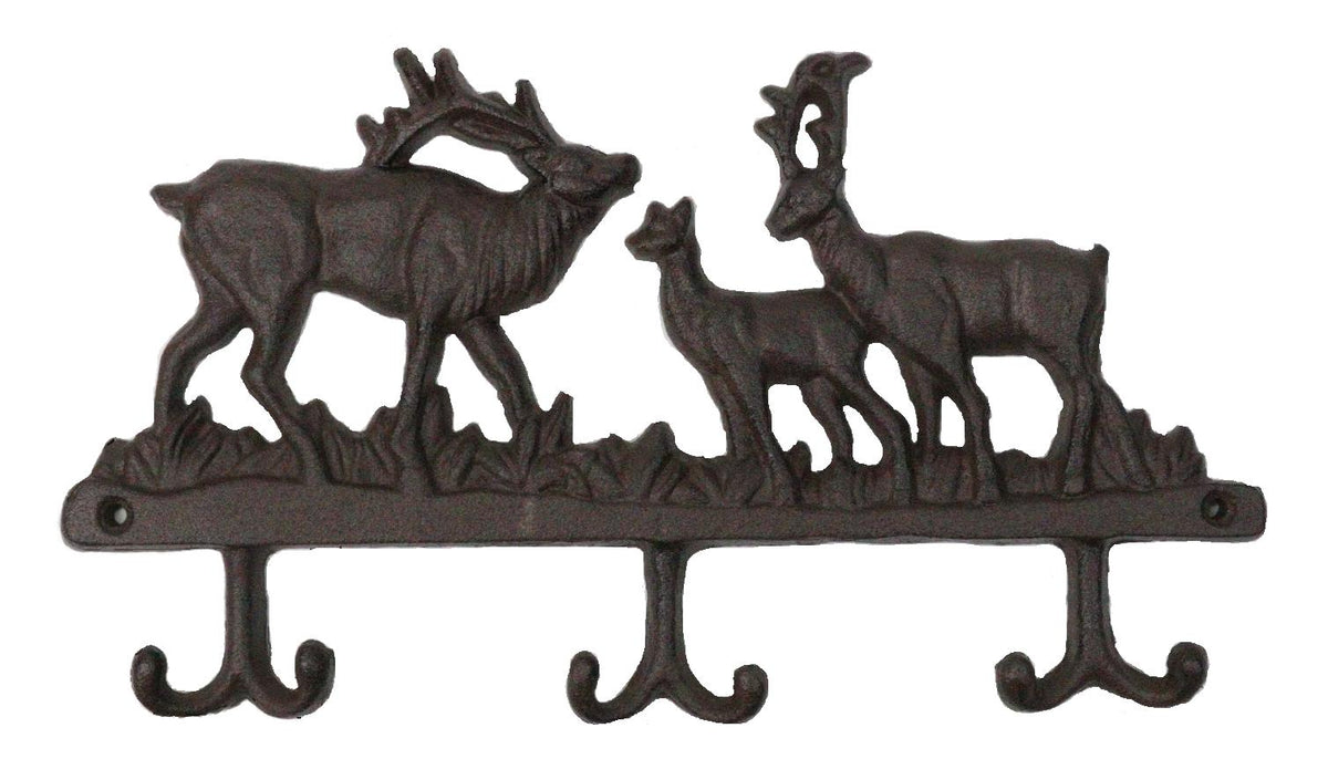 Rustic Deer Stag Doe and Fawn Family Antlers Cast Iron 6 Peg Wall Hook Sculpture