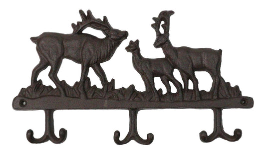 Rustic Deer Stag Doe and Fawn Family Antlers Cast Iron 6 Peg Wall Hook Sculpture