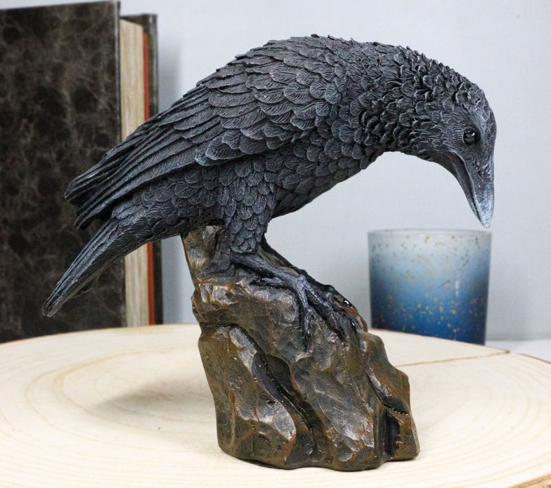 Perching Raven On Rock Statue 5" Tall Gothic Crow Scavenger Bird Decor Figurine