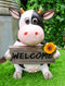 Sunflower Country Side Whimsical Holstein Cow With Welcome Sign Statue 13"Tall