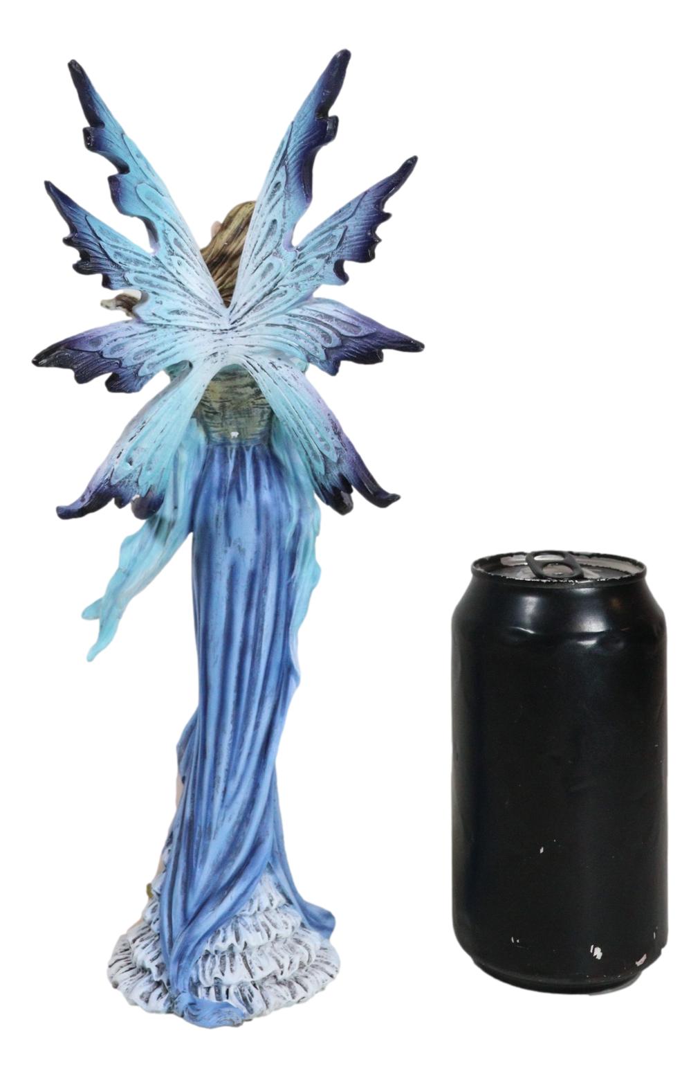 Enchanted Lady Damsel Fairy in Blue Corset Gown Holding Little Bird Figurine
