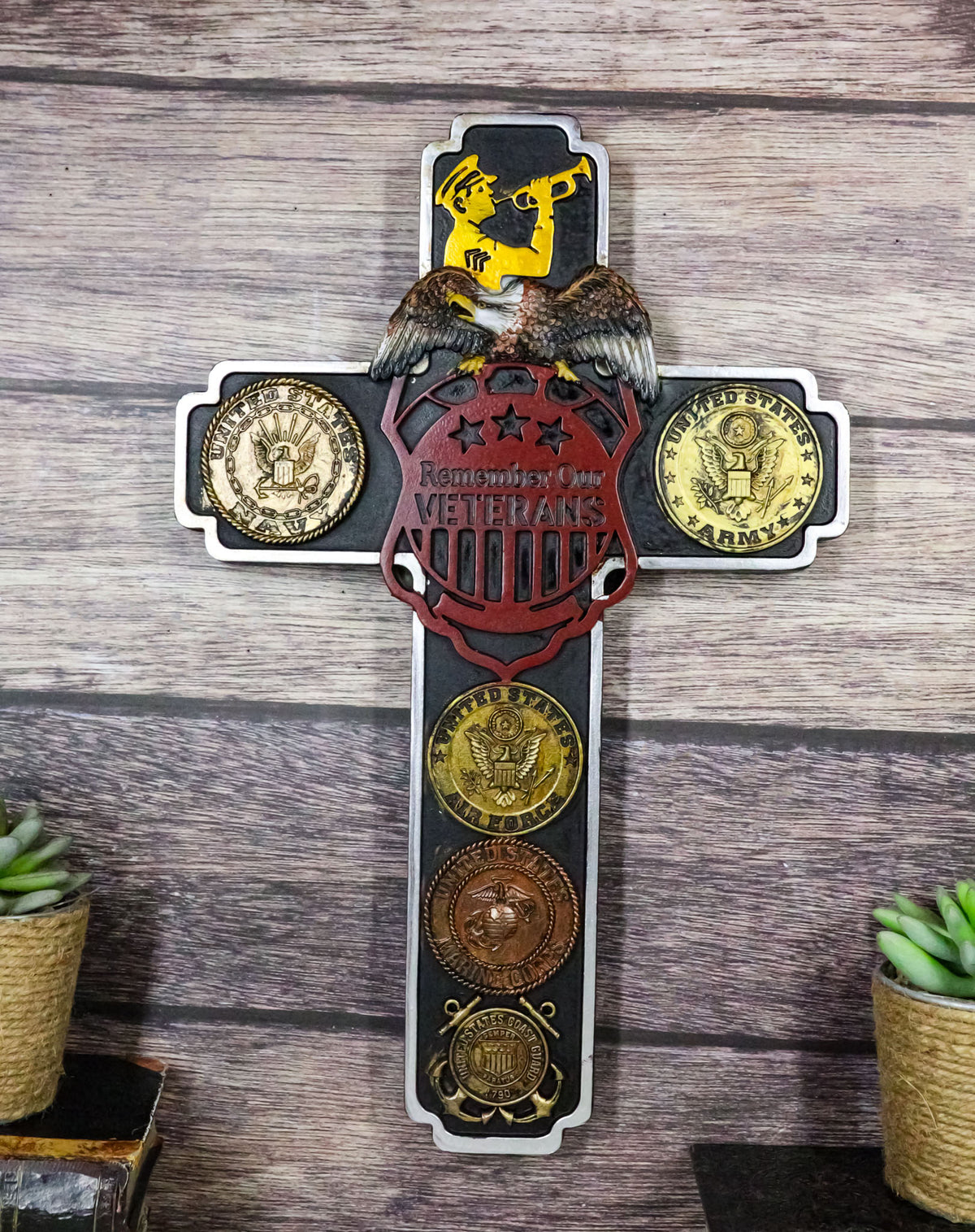 Remember Our Veterans Eagle USA Navy Army Air Force Military Medals Wall Cross