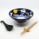Blue Sky Moon Rabbit Ceramic Ramen Rice Bowl With Soup Spoon Chopsticks And Rest