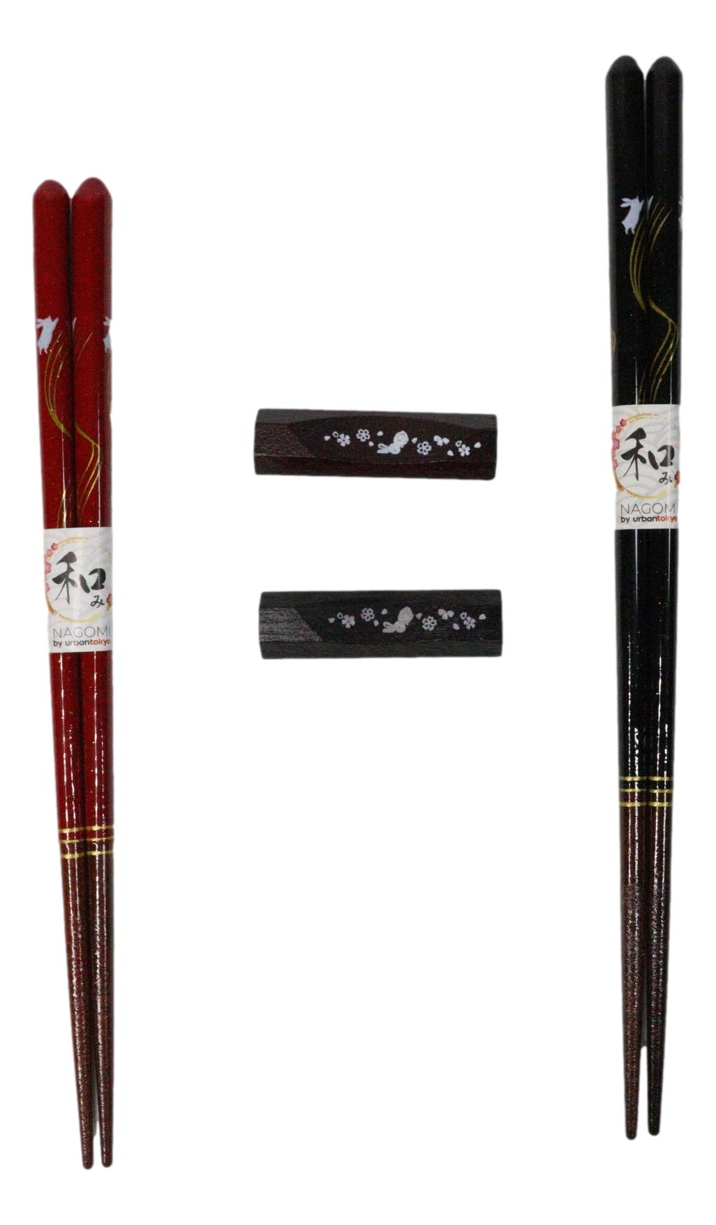 Cherry Brown And Black Moon Rabbits Set of 2 Chopsticks And Wooden Rests Set