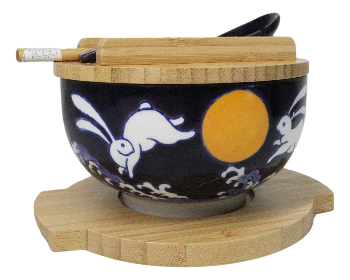 Yellow Moon White Rabbit Donburi Ramen Bowl With Lid Trivet Spoon Chopsticks Set