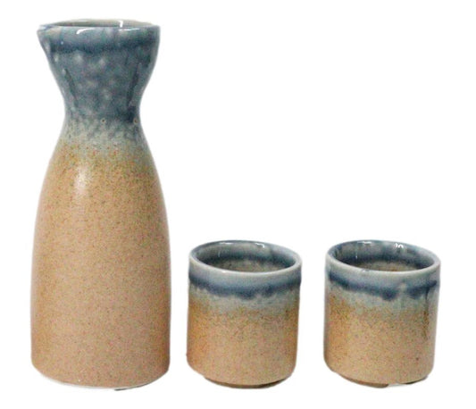 Porcelain Blue And Sand Ao Nagashi Japanese Wine Sake Flask With 2 Cups Set