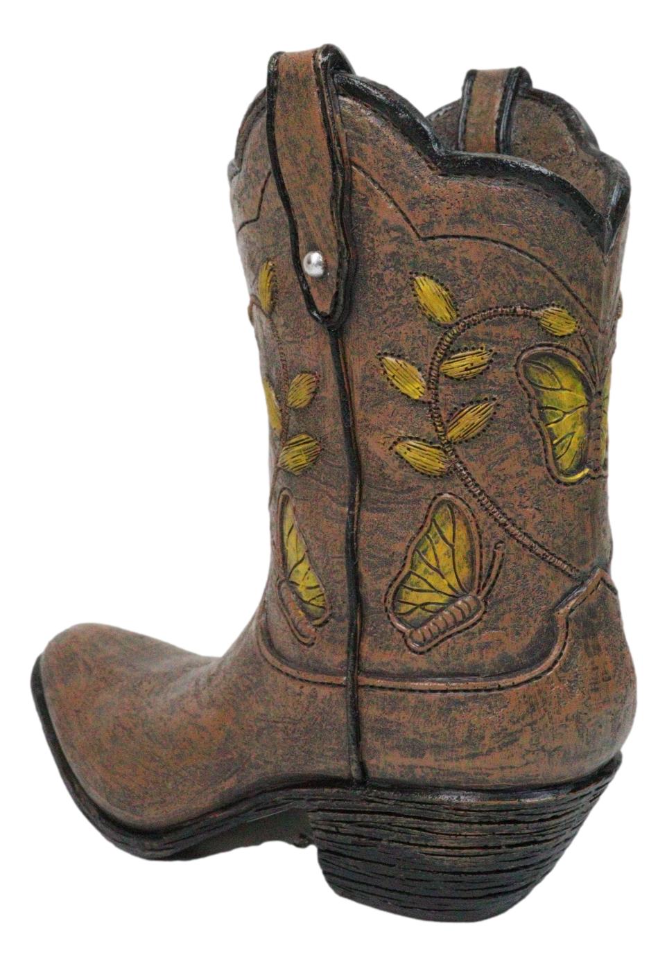 Western Yellow Butterfly and Flowers Faux Leather Cowgirl Boot Vase Figurine