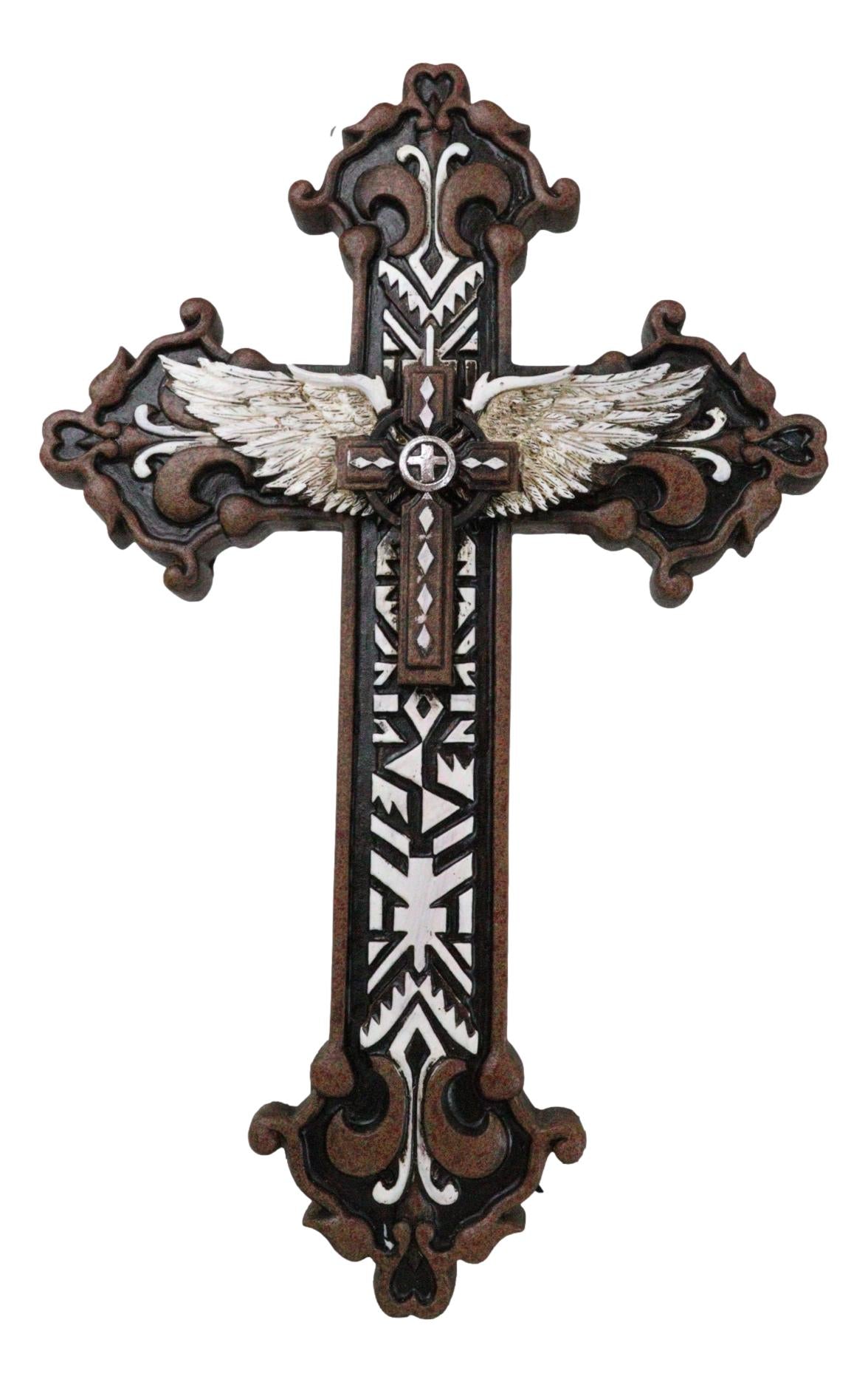 Rustic Western Mayan Aztec Ancient Symbols With Angel Wings Wall Cross Decor - Ebros Gift
