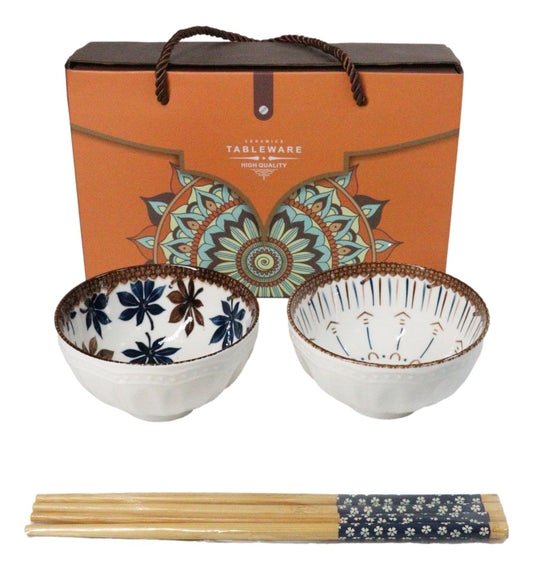 Ceramic Floral Arabesque Double Rice Bowl Gift Set with Chopsticks 10oz Bowls