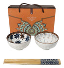 Ceramic Floral Arabesque Double Rice Bowl Gift Set with Chopsticks 10oz Bowls