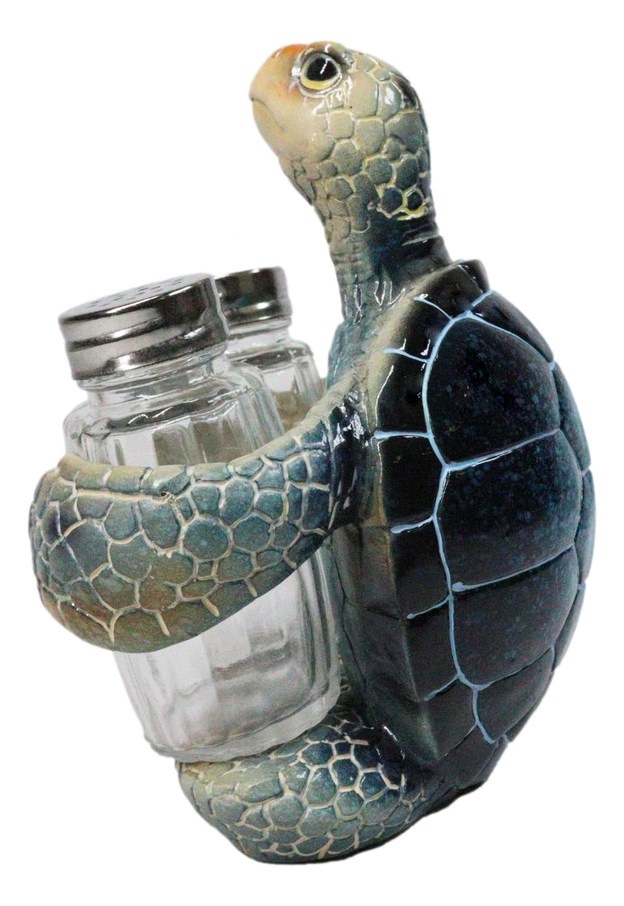 Marine Blue Shell Sea Turtle Hugging Glass Salt Pepper Shakers Holder Figurine