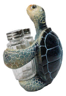 Marine Blue Shell Sea Turtle Hugging Glass Salt Pepper Shakers Holder Figurine