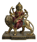 Hindu Goddess Durga Wearing Red Sari With Weapons Riding On Lion Figurine